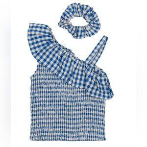 NWT Blue Gingham One-Shoulder Tank Top & Scrunchie
